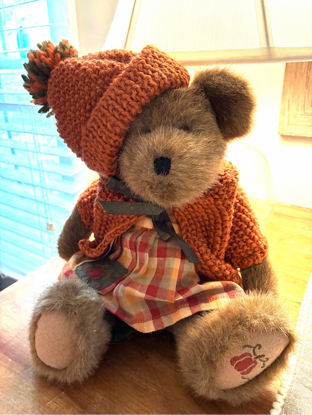 Boyds Bears Brown Teddy in Orange Knit Hat & Plaid Dress